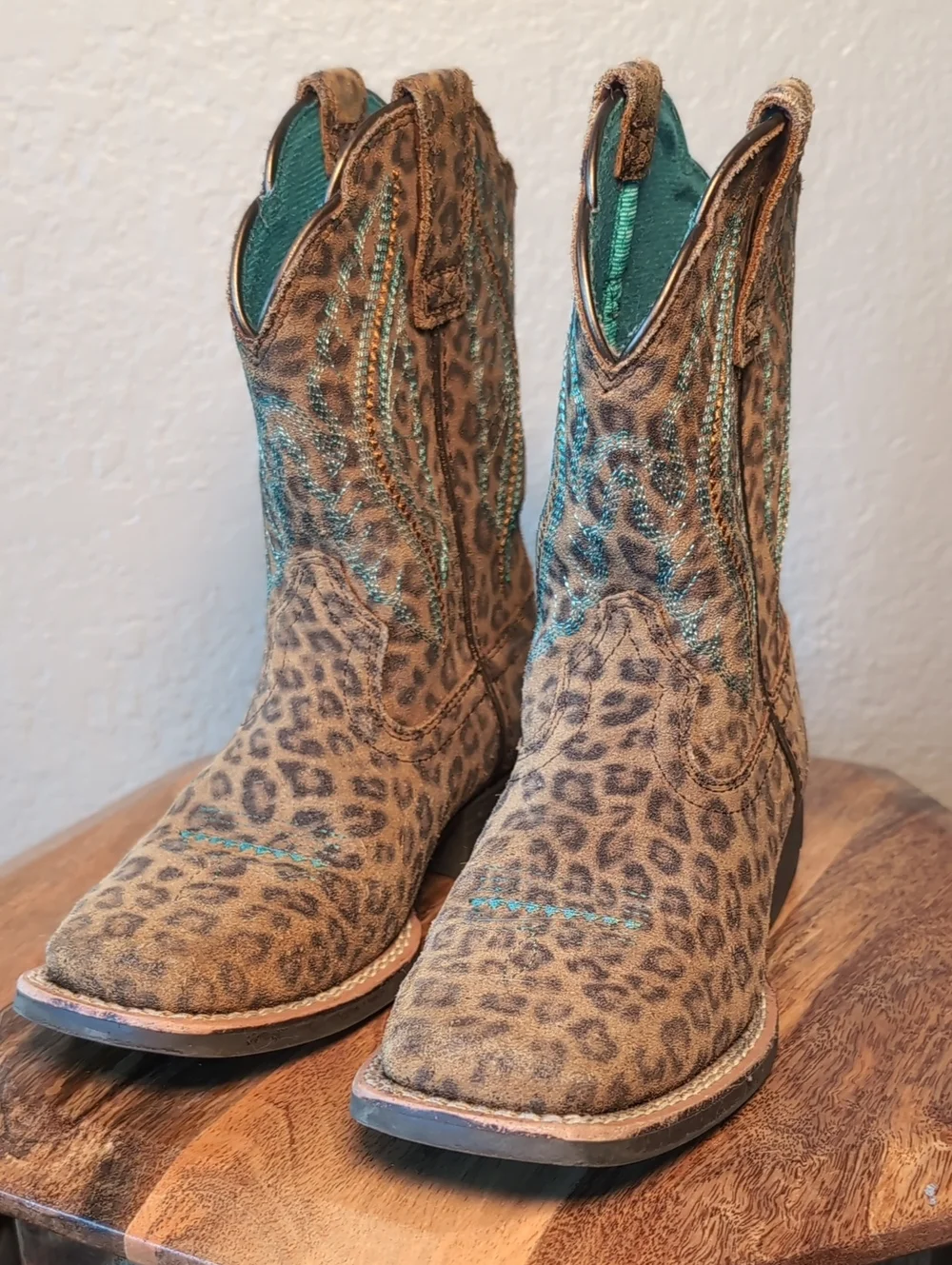 Kids Leopard Print Western Boots with Turquoise Stitching
